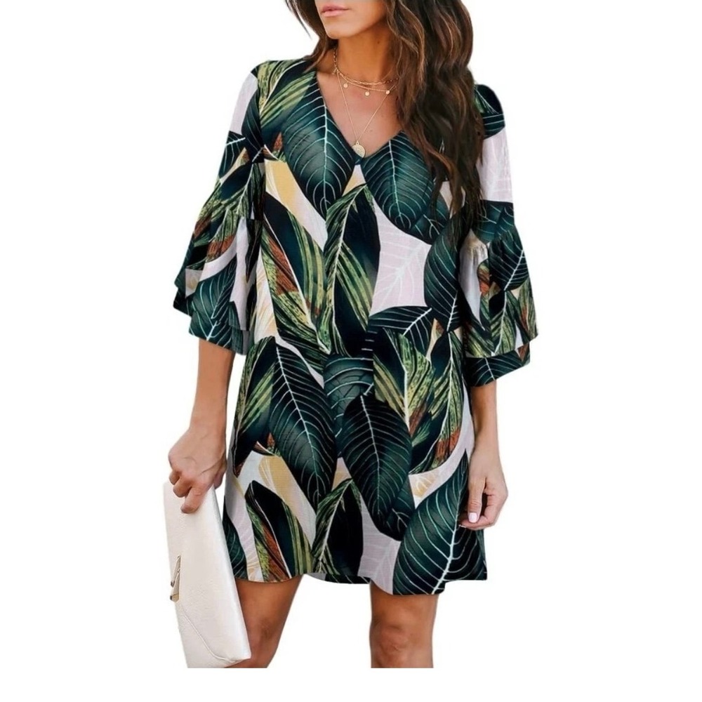 NWT Belongsci Leaf Print V-Neck Dress Bell Sleeve Bohemian Mini Dress Sz Lg